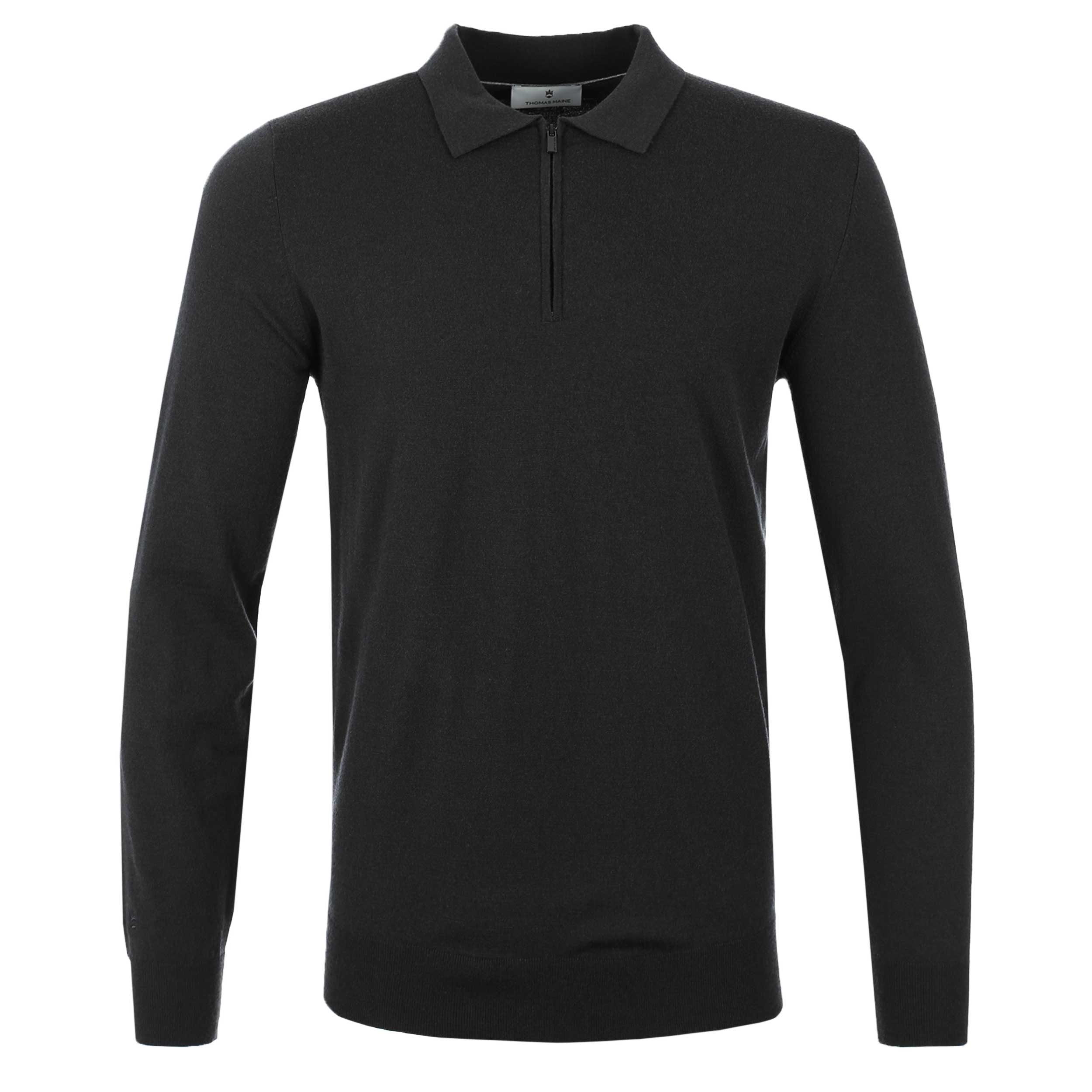 Thomas Maine Zip Knit Polo Shirt in Black Thomas Maine Zip Knit Polo Shirt in Black