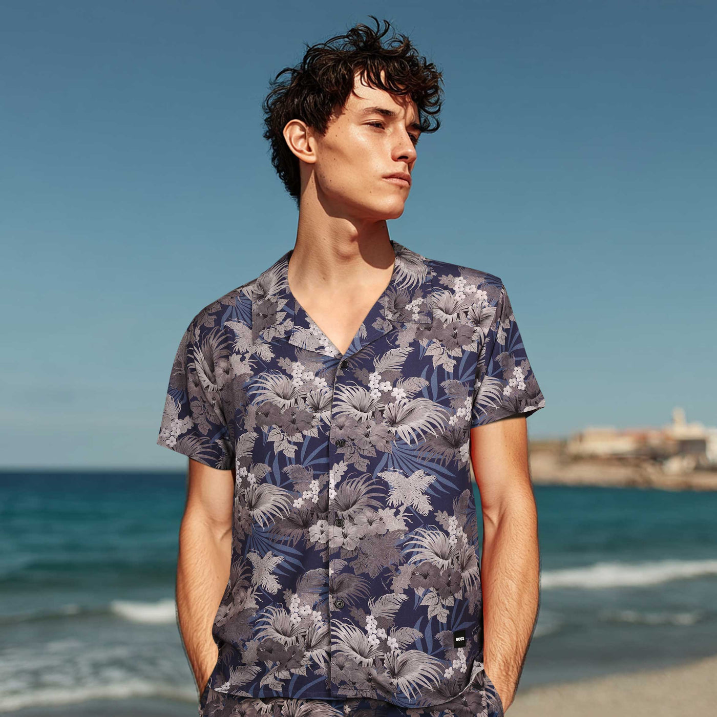 BOSS Beach Shirt in Medium Brown Navy