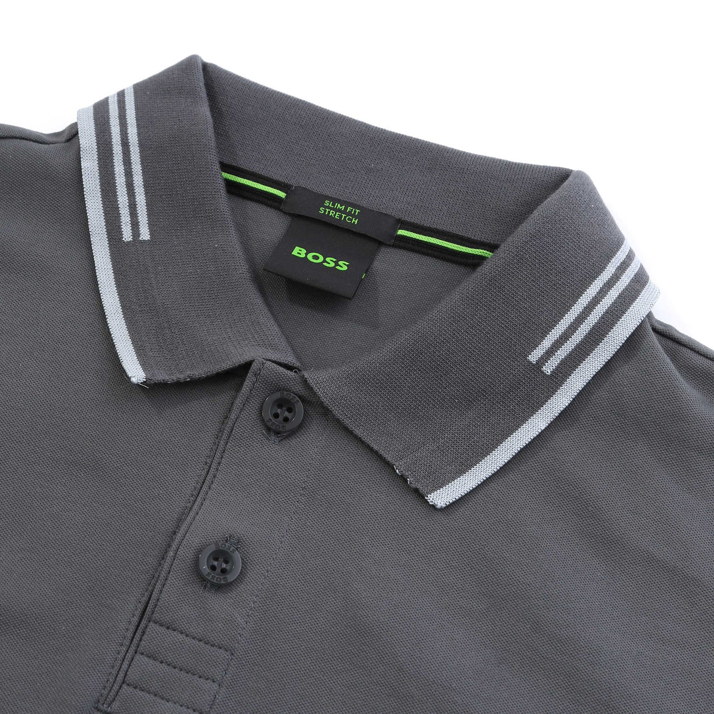 BOSS Paul Curved Polo Shirt in Dark Grey collar