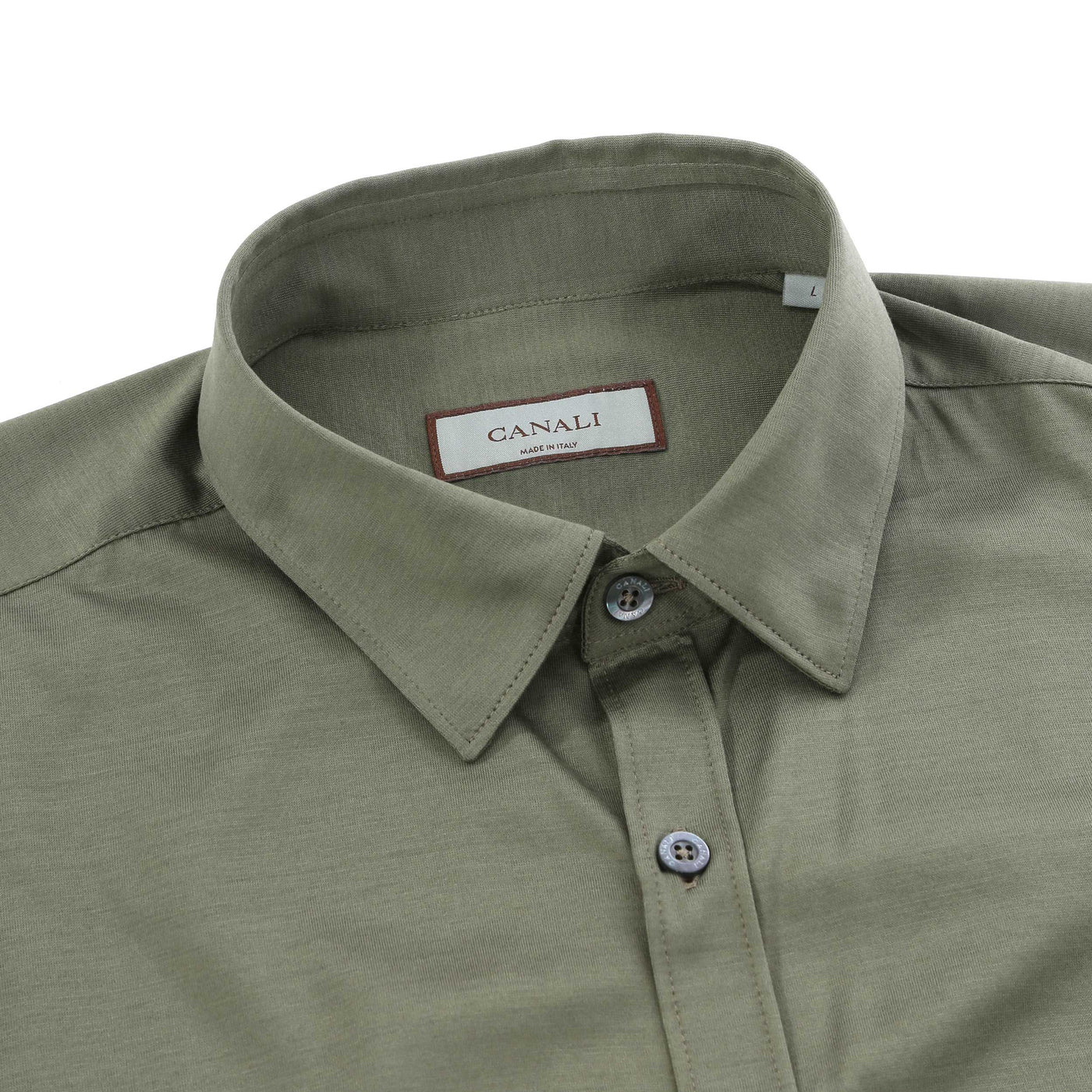 Canali Jersey Stretch Short Sleeve Shirt in Olive Collar