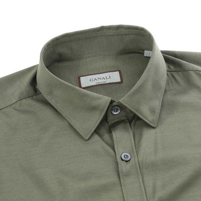 Canali Jersey Stretch Short Sleeve Shirt in Olive Collar