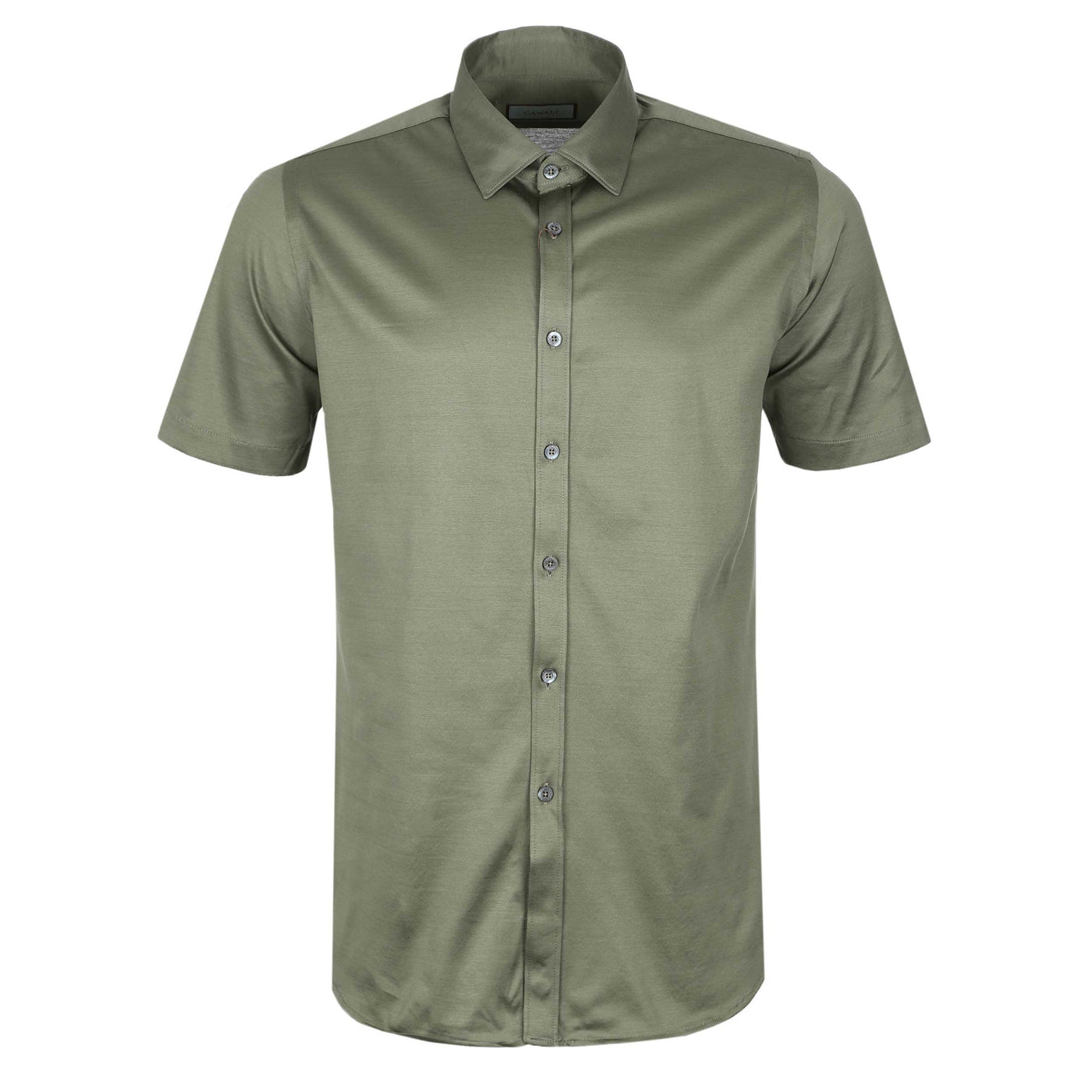 Canali Jersey Stretch Short Sleeve Shirt in Olive