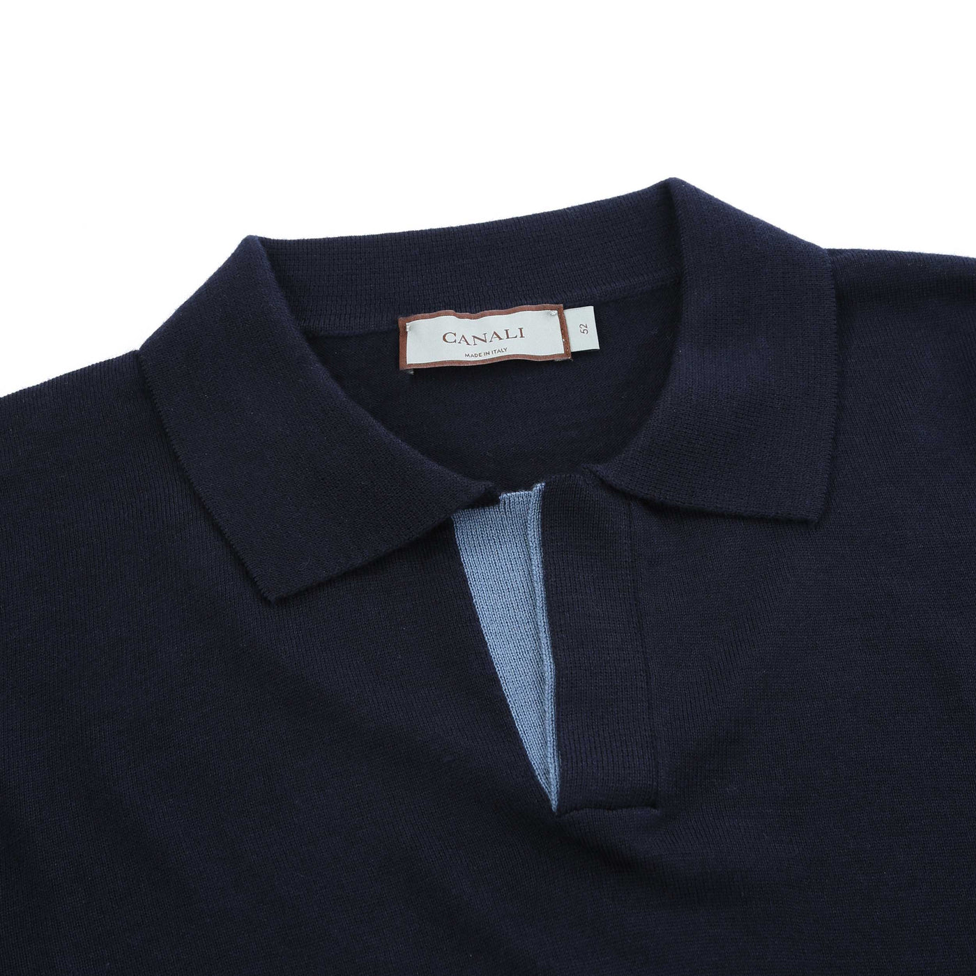 Canali Open Neck Knitted Polo in Navy Placket