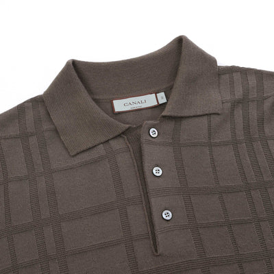 Canali Self Check Knitted Polo in Mushroom Brown Placket