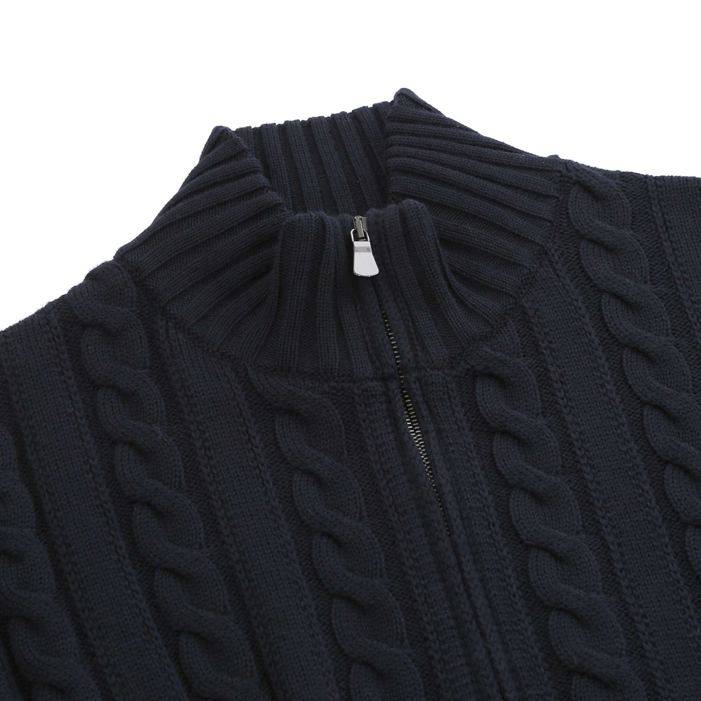 Filippo De Laurentiis Extrafine Merino Cable Knit Zip Knitwear in Navy Collar