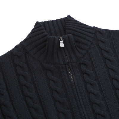 Filippo De Laurentiis Extrafine Merino Cable Knit Zip Knitwear in Navy Collar