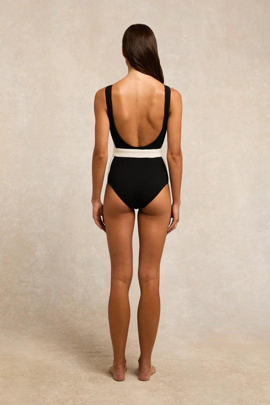 Holland Cooper Belted Swimsuit in Black Model Back