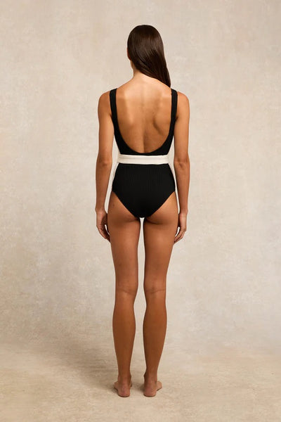 Holland Cooper Belted Swimsuit in Black Model Back