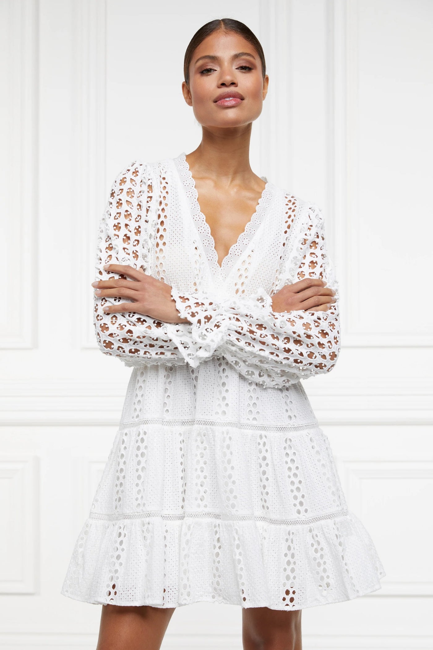 Holland Cooper Broderie Lace V Neck Dress in White