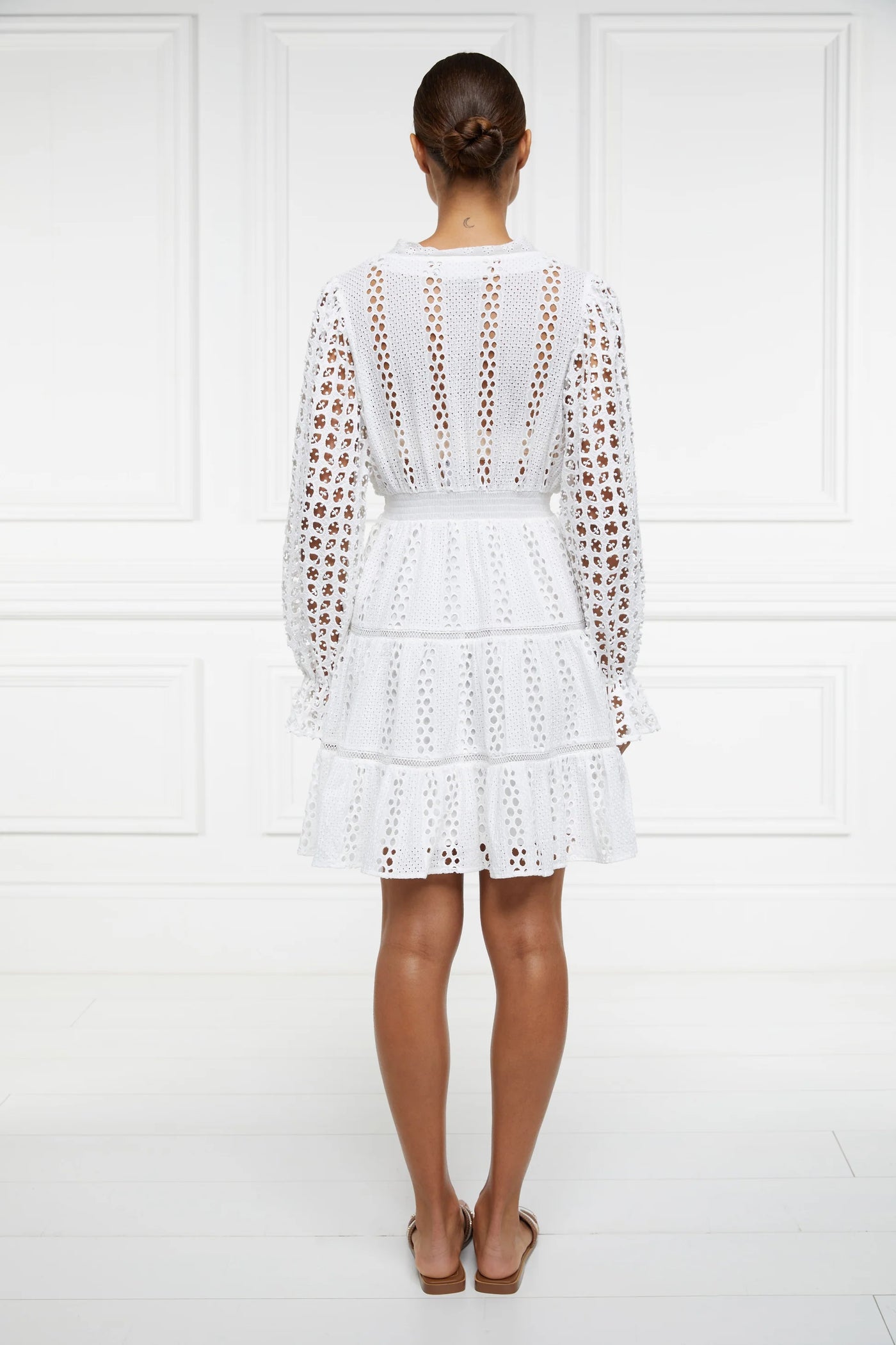 Holland Cooper Broderie Lace V Neck Dress in White Model Back