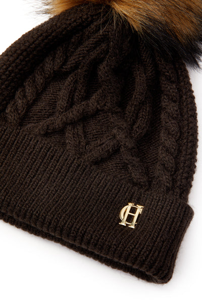 Holland Cooper Cortina Ladies Bobble Hat in Chocolate Logo