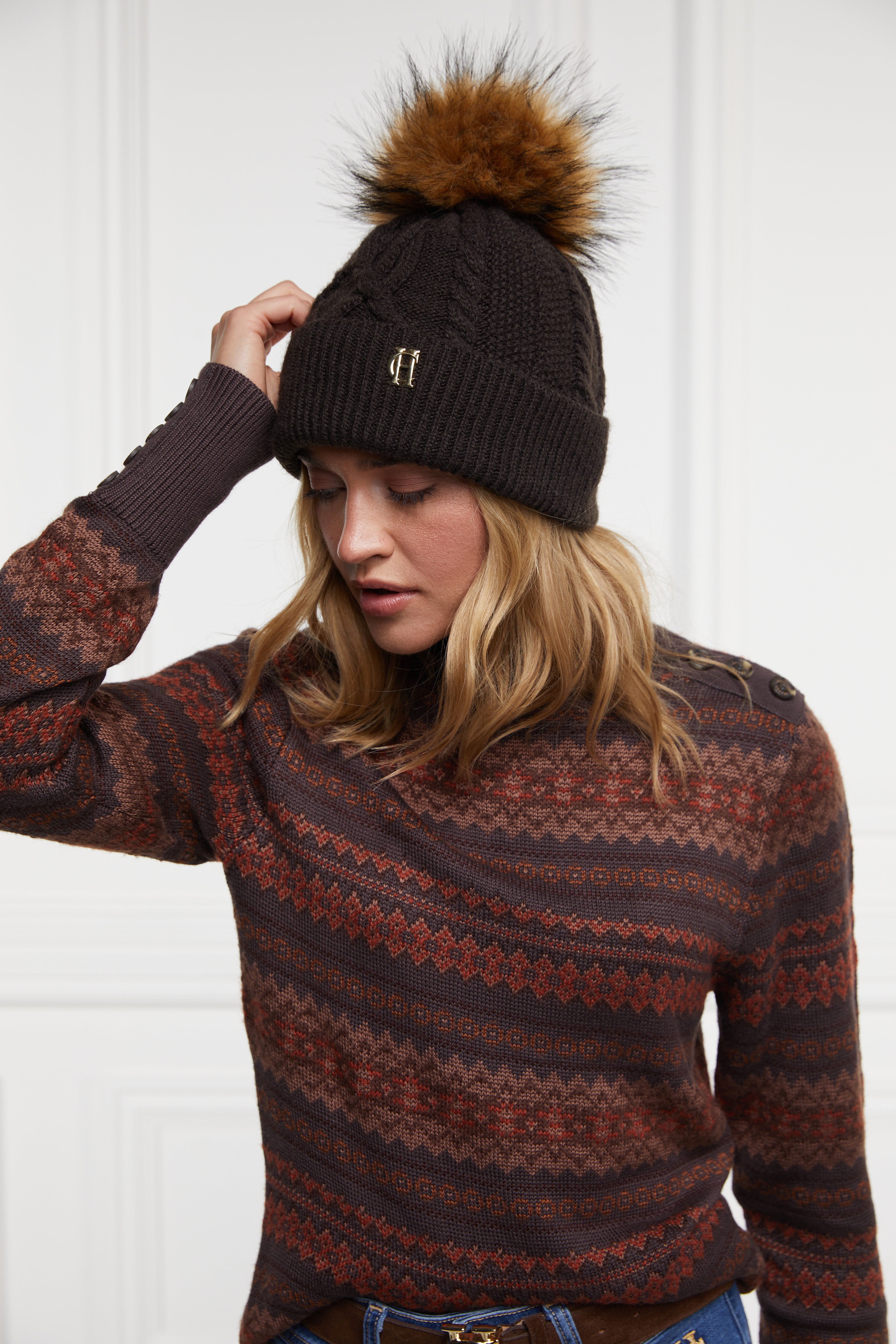 Holland Cooper Cortina Ladies Bobble Hat in Chocolate