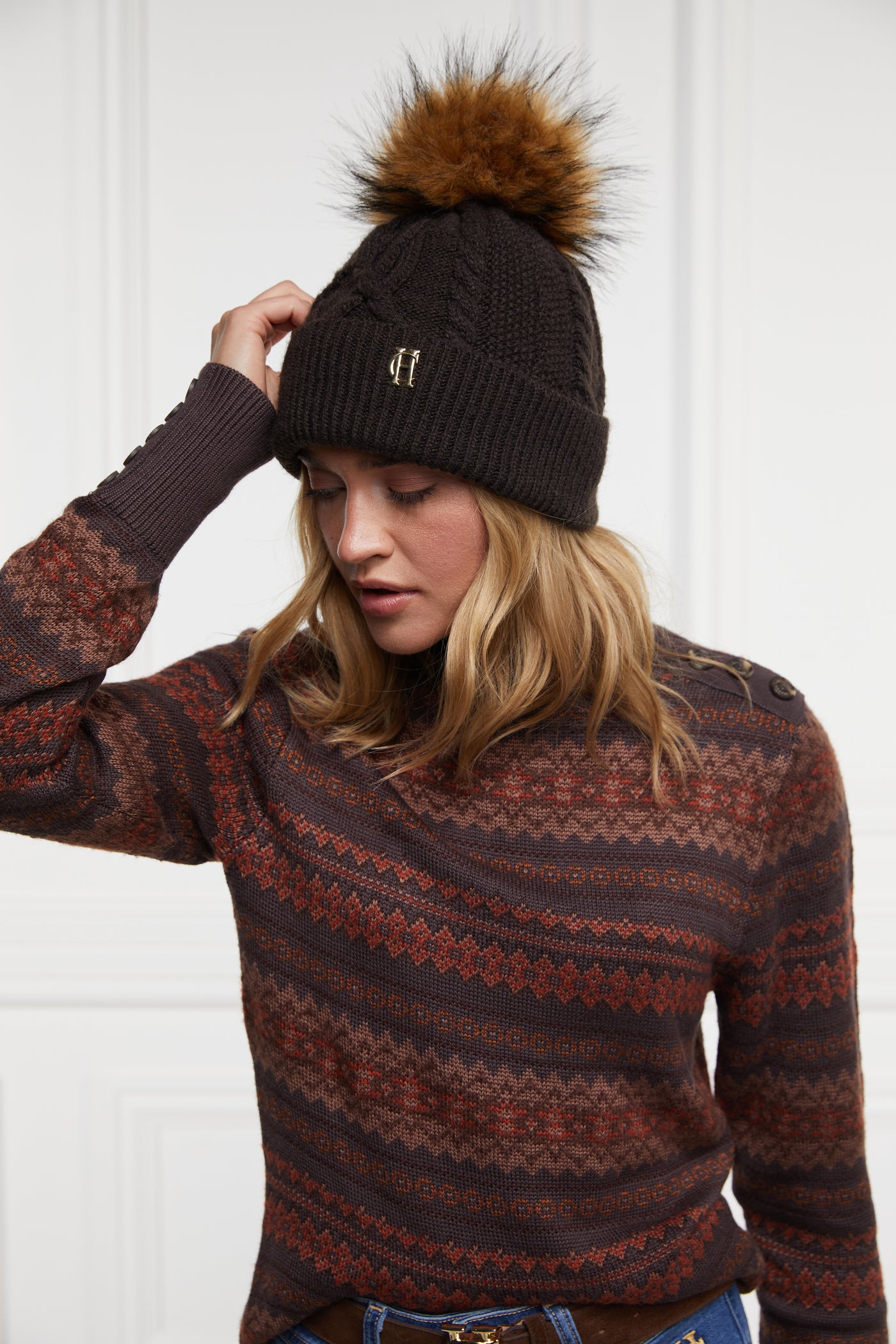 Holland Cooper Cortina Ladies Bobble Hat in Chocolate