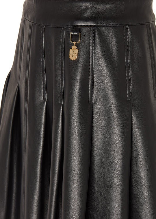 Holland Cooper Faux Leather Pleated Mini Skirt in Black Detail