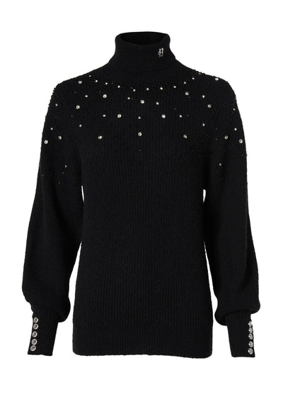 Holland Cooper Kelsie Rib Embellished Roll Neck Knitwear in Black Front