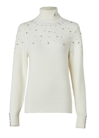 Holland Cooper Kelsie Rib Embellished Roll Neck Knitwear in Natural Front