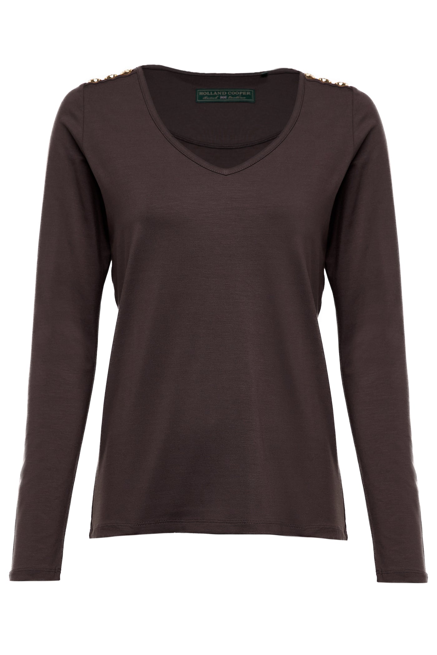 Holland Cooper Long Sleeve V Neck Tee in Coffee Front