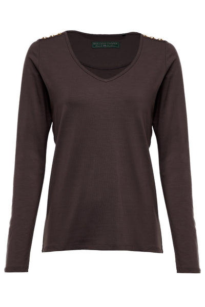Holland Cooper Long Sleeve V Neck Tee in Coffee Front