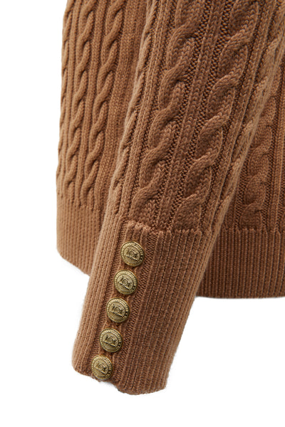 Holland Cooper Seattle Roll Neck Cable Knitwear in Dark Camel Marl Cuff