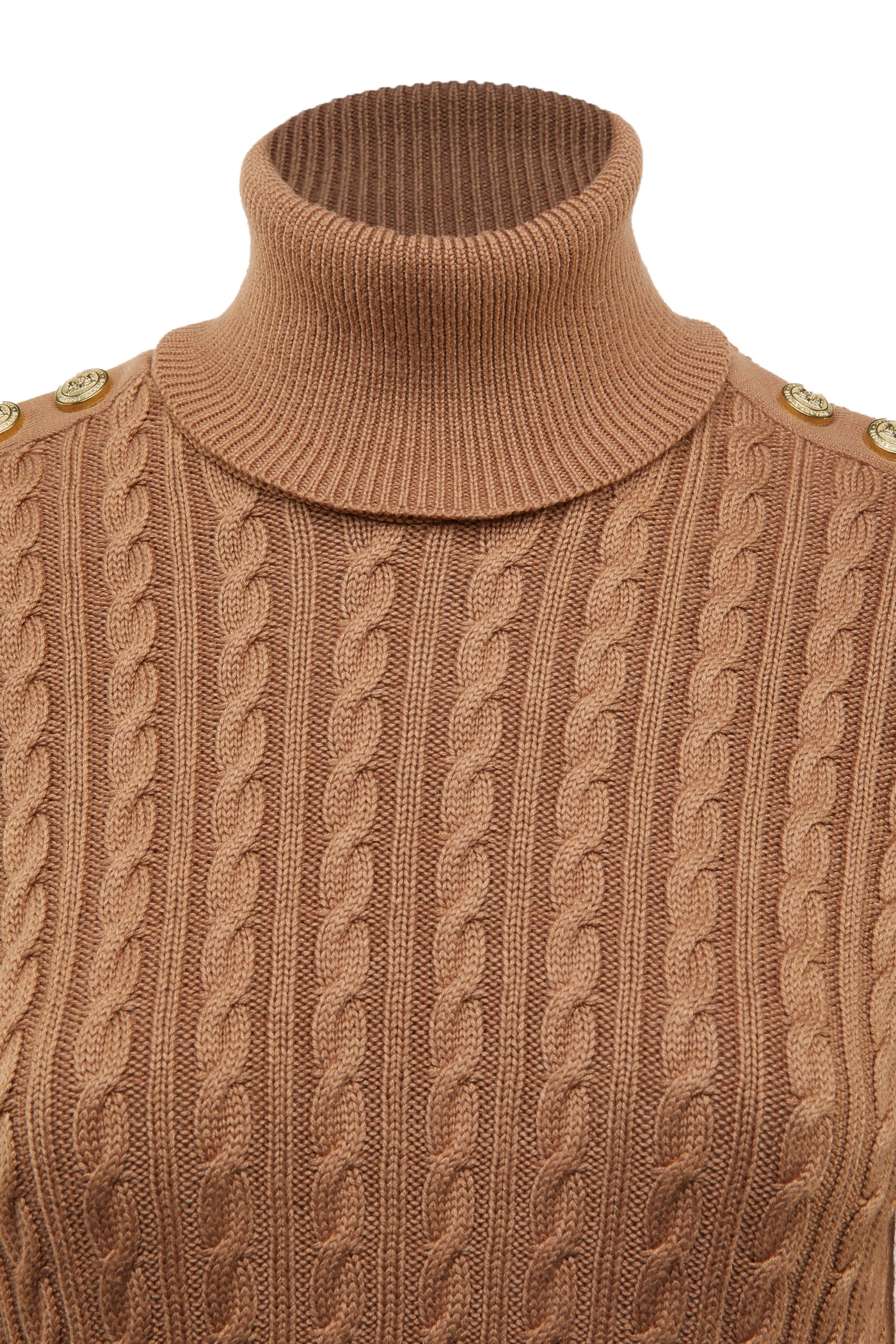 Holland Cooper Seattle Roll Neck Cable Knitwear in Dark Camel Marl Neck