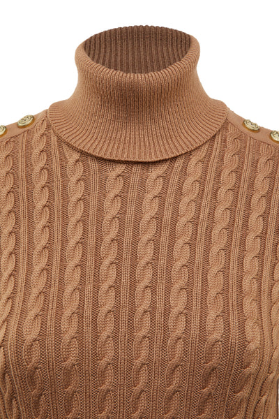 Holland Cooper Seattle Roll Neck Cable Knitwear in Dark Camel Marl Neck