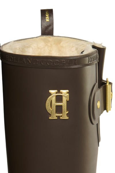 Holland Cooper Sherpa Lined Regency Wellington in Chocolate Matte Gold Logo