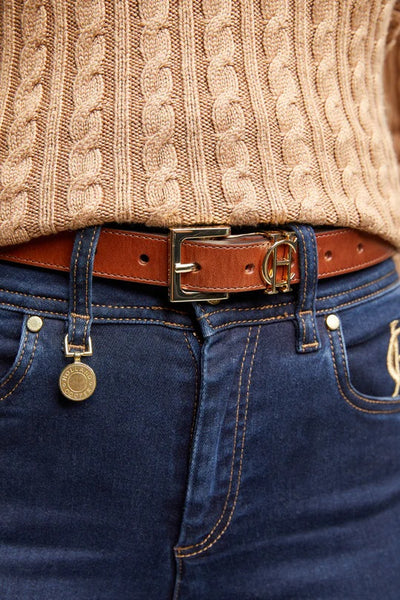 Holland Cooper Slim Logo Ladies Belt in Tan Close Up