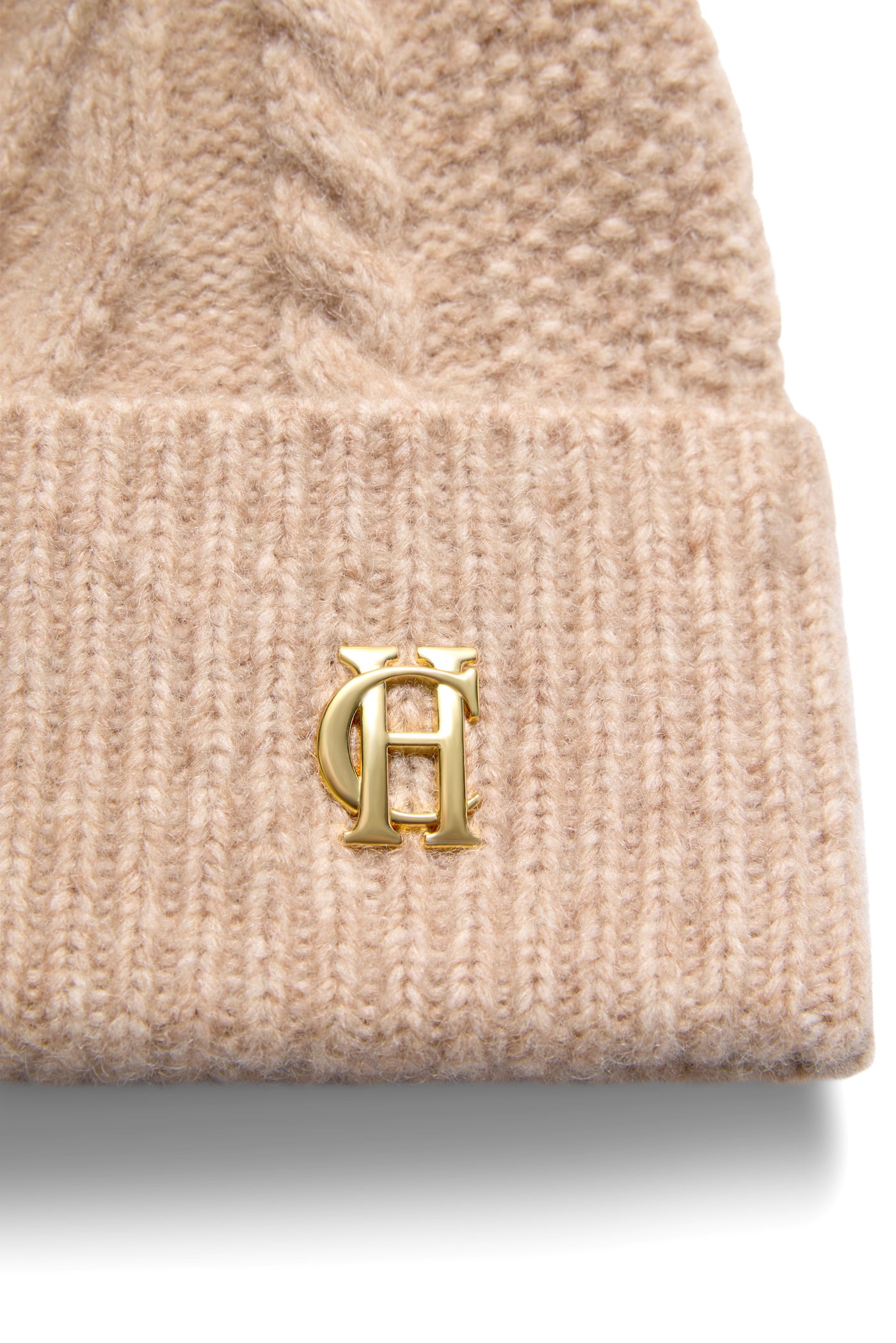 Holland Cooper Sloane Cable Ladies Bobble Hat in Taupe Marl Logo