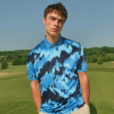 J.Lindeberg Tour Tech Print Polo Shirt in Warp Sonic Blue