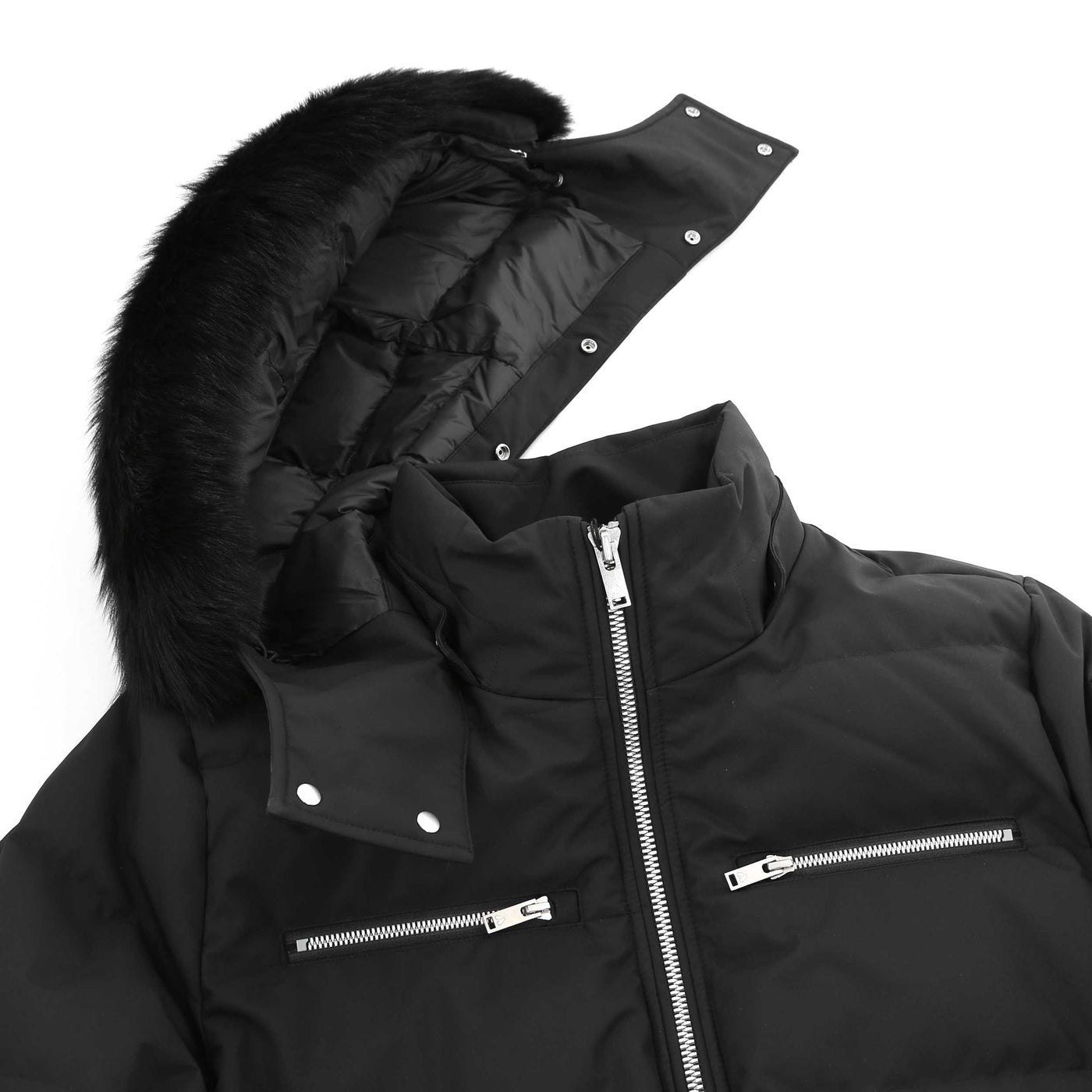 Moose Knuckles Cloud Bomber Neoshear Jacket in Black & Black Fur Hood Removed