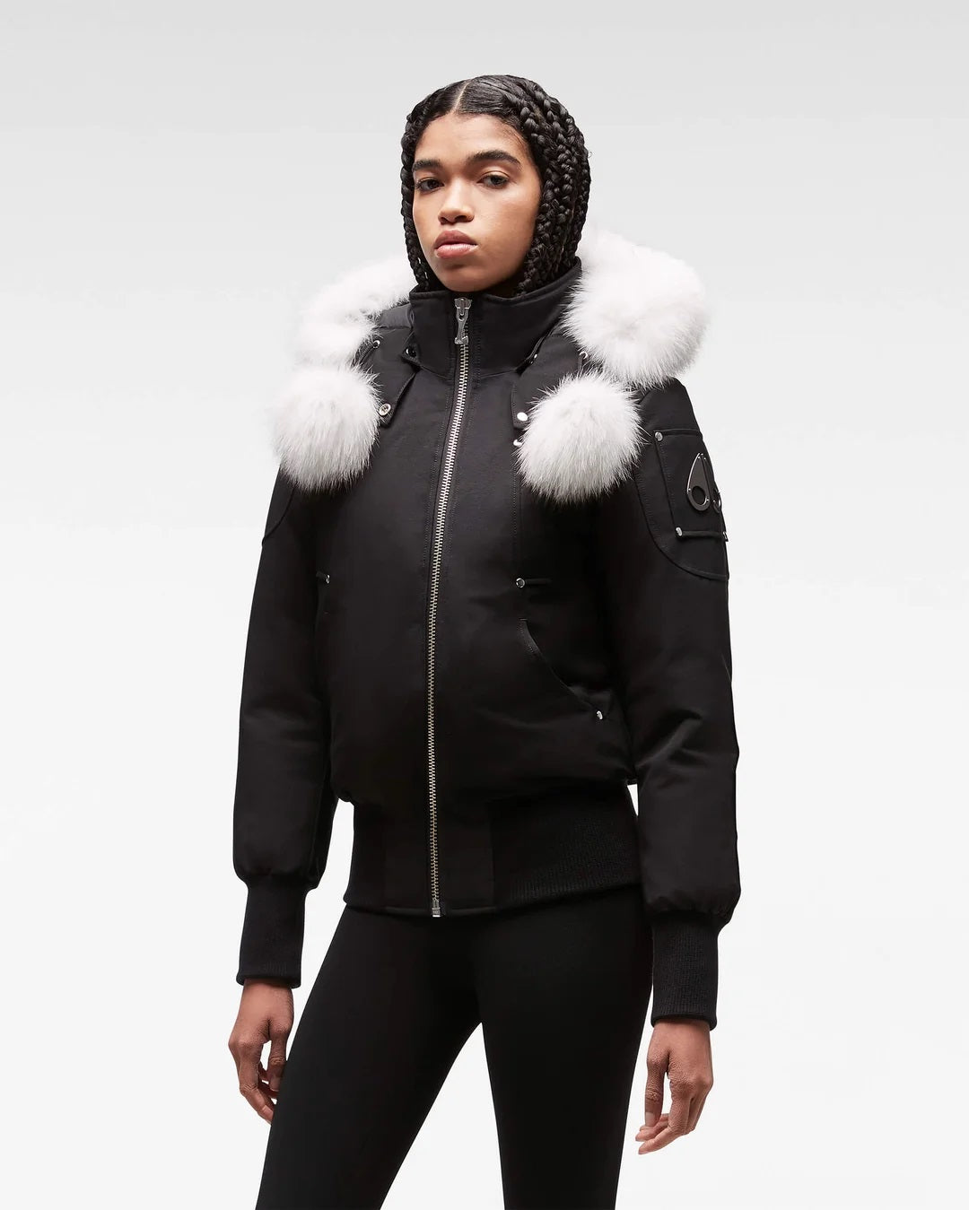 Moose Knuckles Debbie Ladies Bomber Jacket in Black with White Fur Model