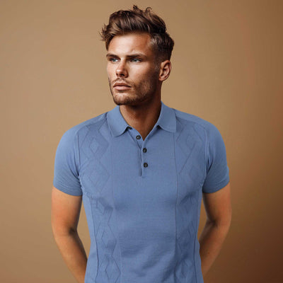 Pal Zileri Cable Self Print Polo Shirt in Sea Blue Model
