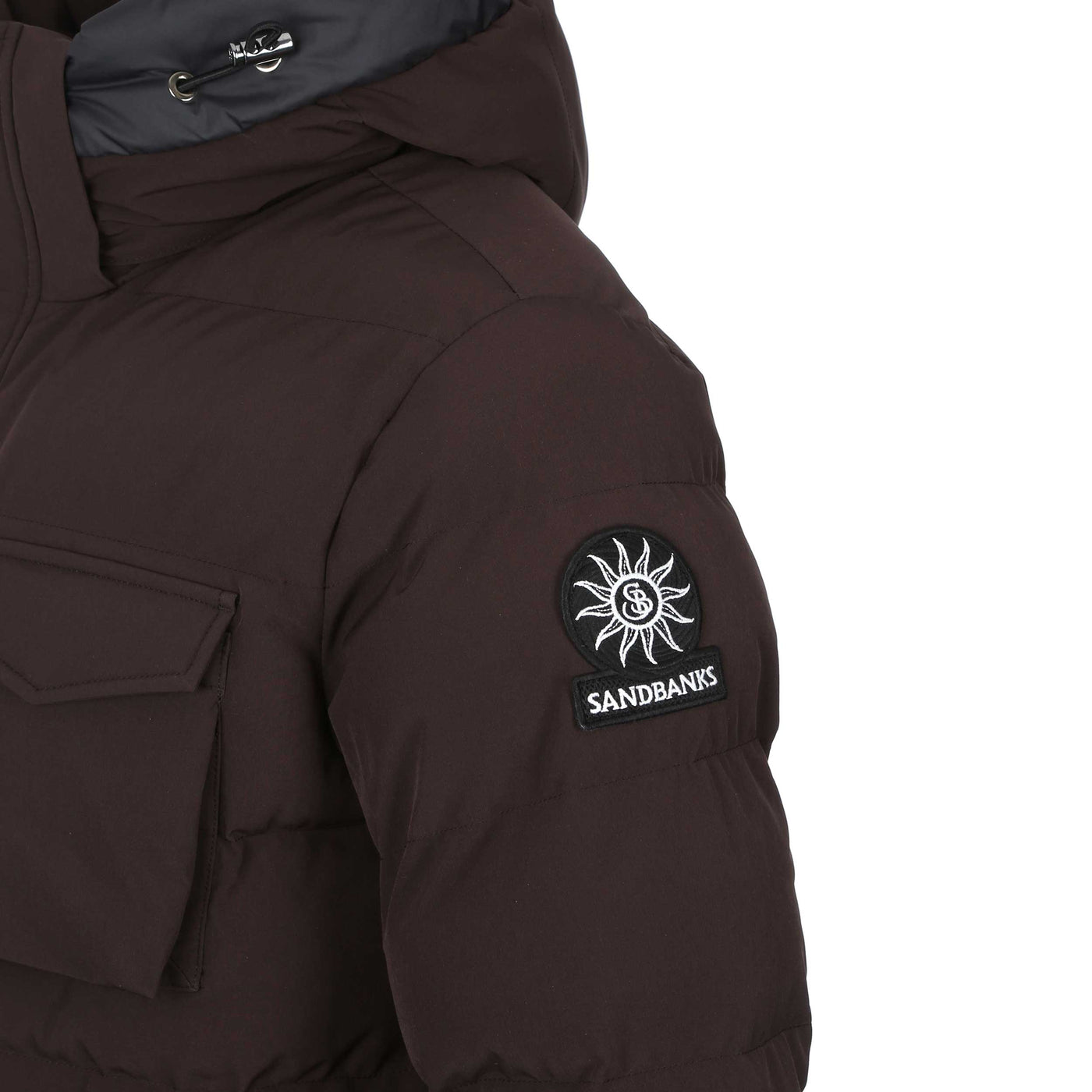 Sandbanks Branksome Long Puffer Jacket in Chocolate Logo