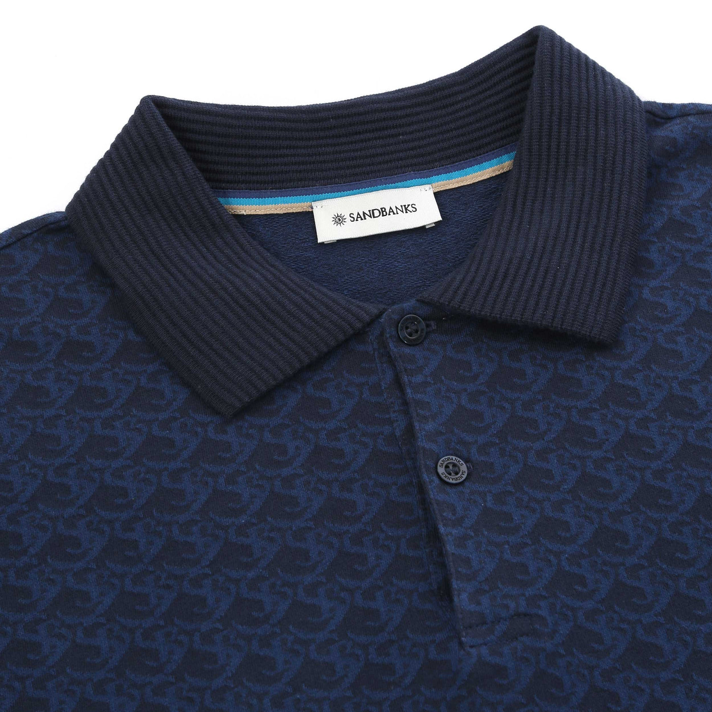 Sandbanks Jacquard Monogram Knitted Polo Shirt in Navy Placket