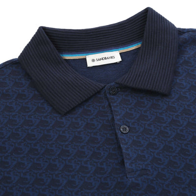 Sandbanks Jacquard Monogram Knitted Polo Shirt in Navy Placket