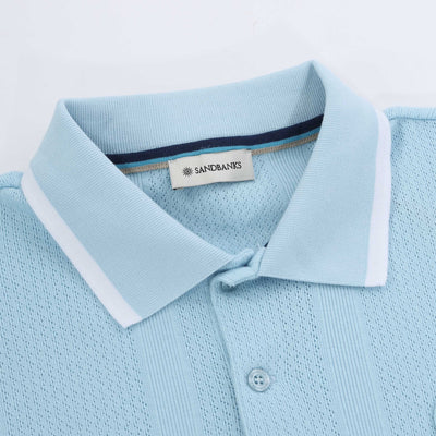 Sandbanks Jacquard Stripe Knit Polo Shirt in Crystal Blue Collar