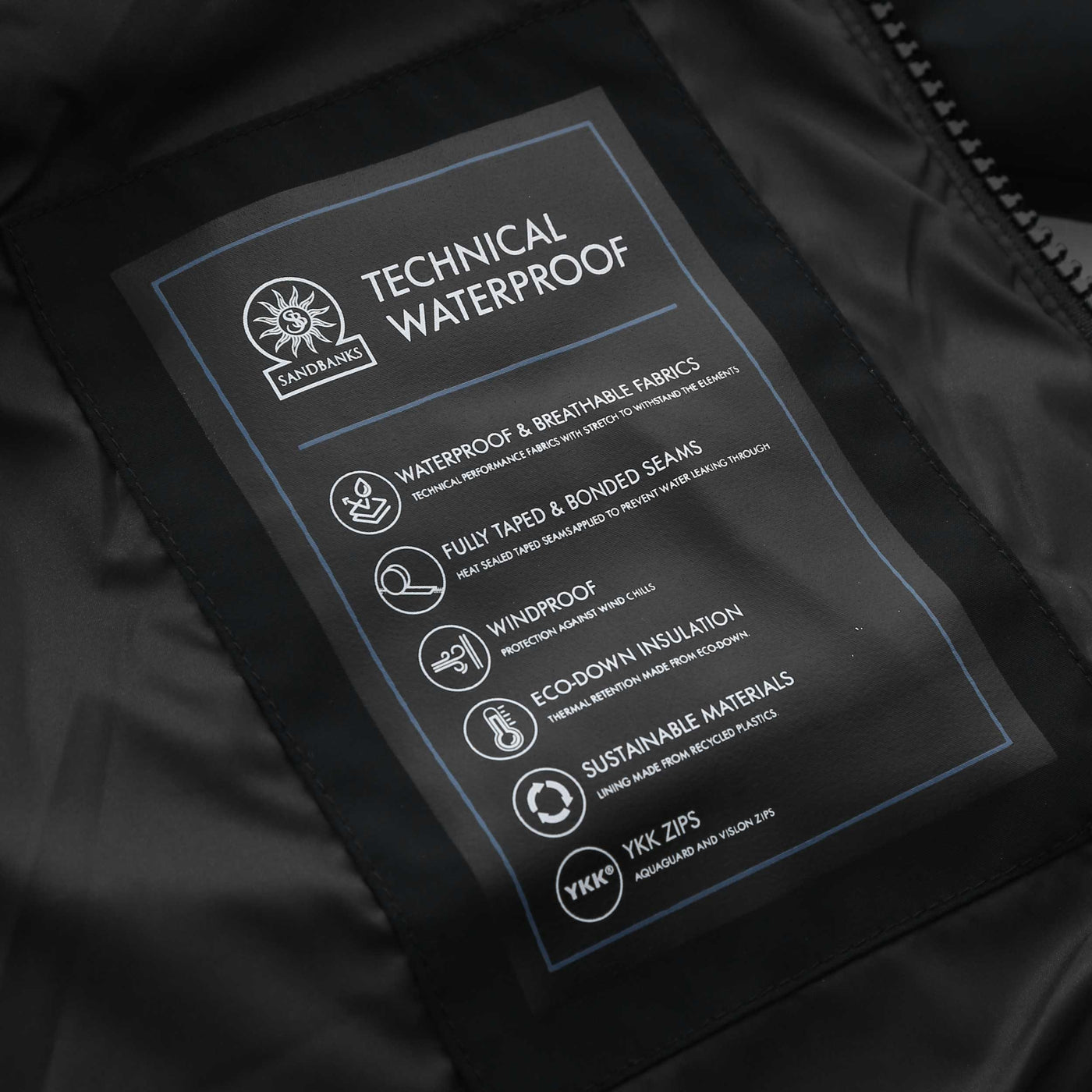 Sandbanks Waterproof Banks Puffer Jacket in Black Details
