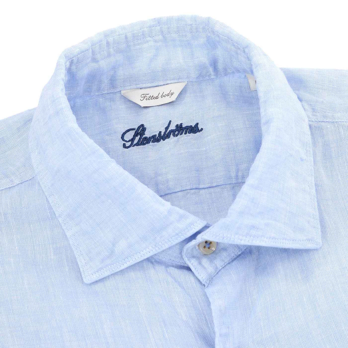 Stenstroms Fitted Body Linen Shirt in Light Blue Collar