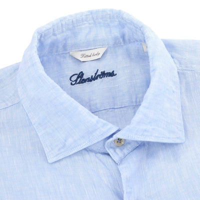 Stenstroms Fitted Body Linen Shirt in Light Blue Collar