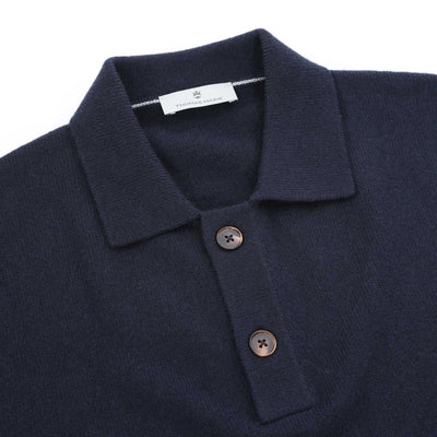 Thomas Maine 2 Button Lambs Wool Knit Polo in Navy Placket