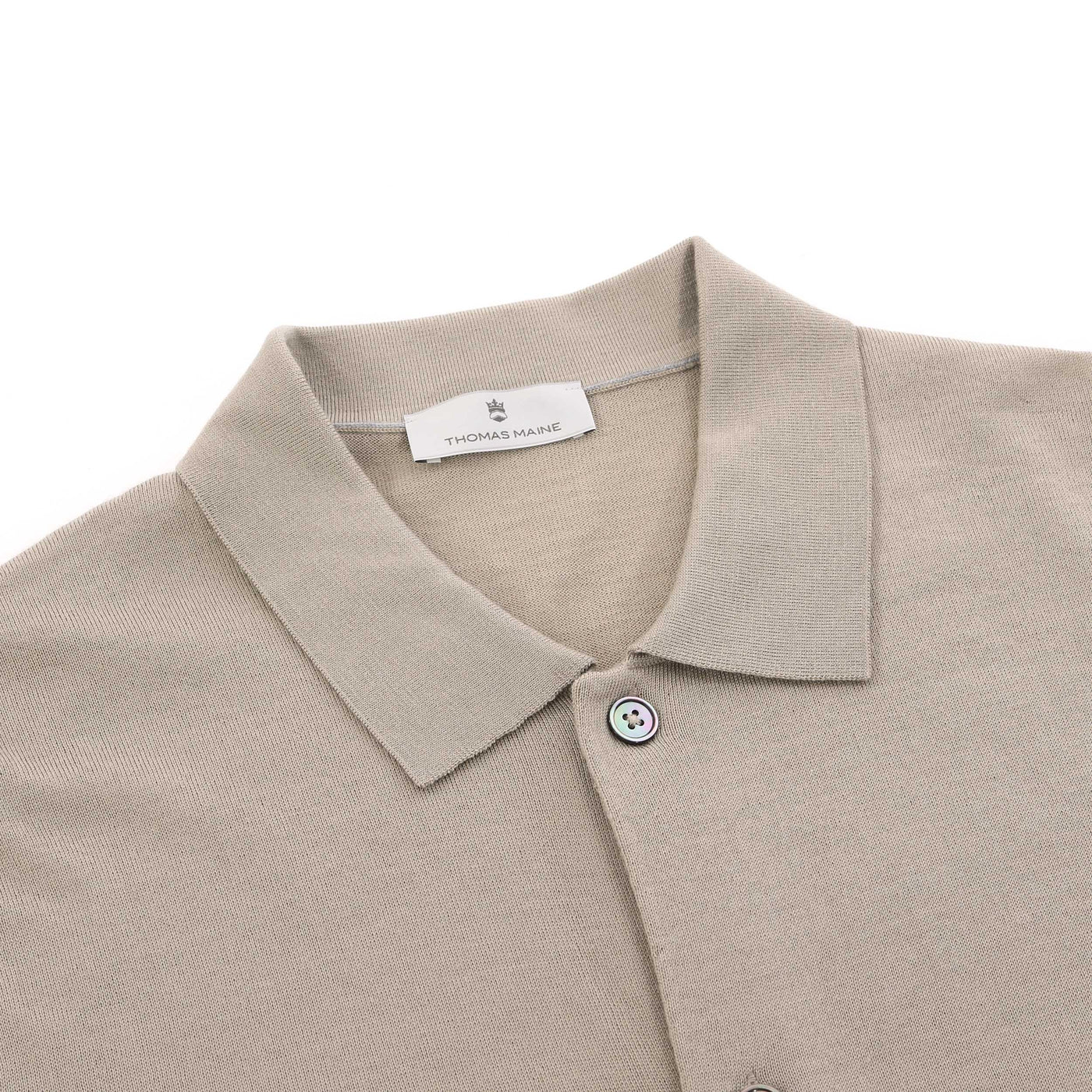 Thomas Maine Button Thru Knitted Polo in Beige Collar