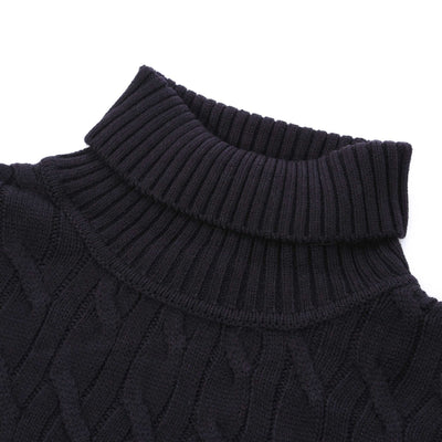 Thomas Maine Heavy Cable Knit Roll Neck in Navy Neck