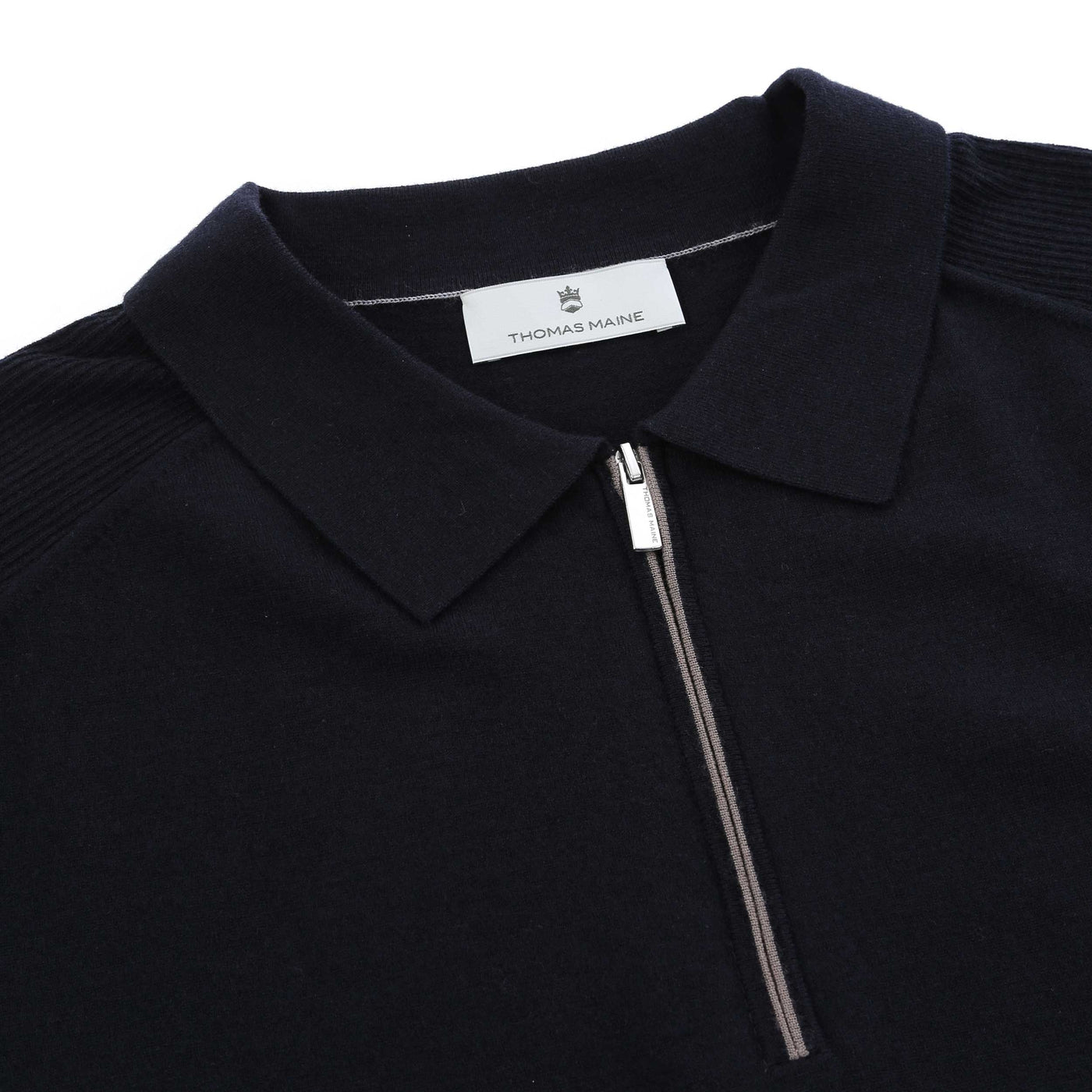Thomas Maine Merino Zip Knit Polo in Navy Placket