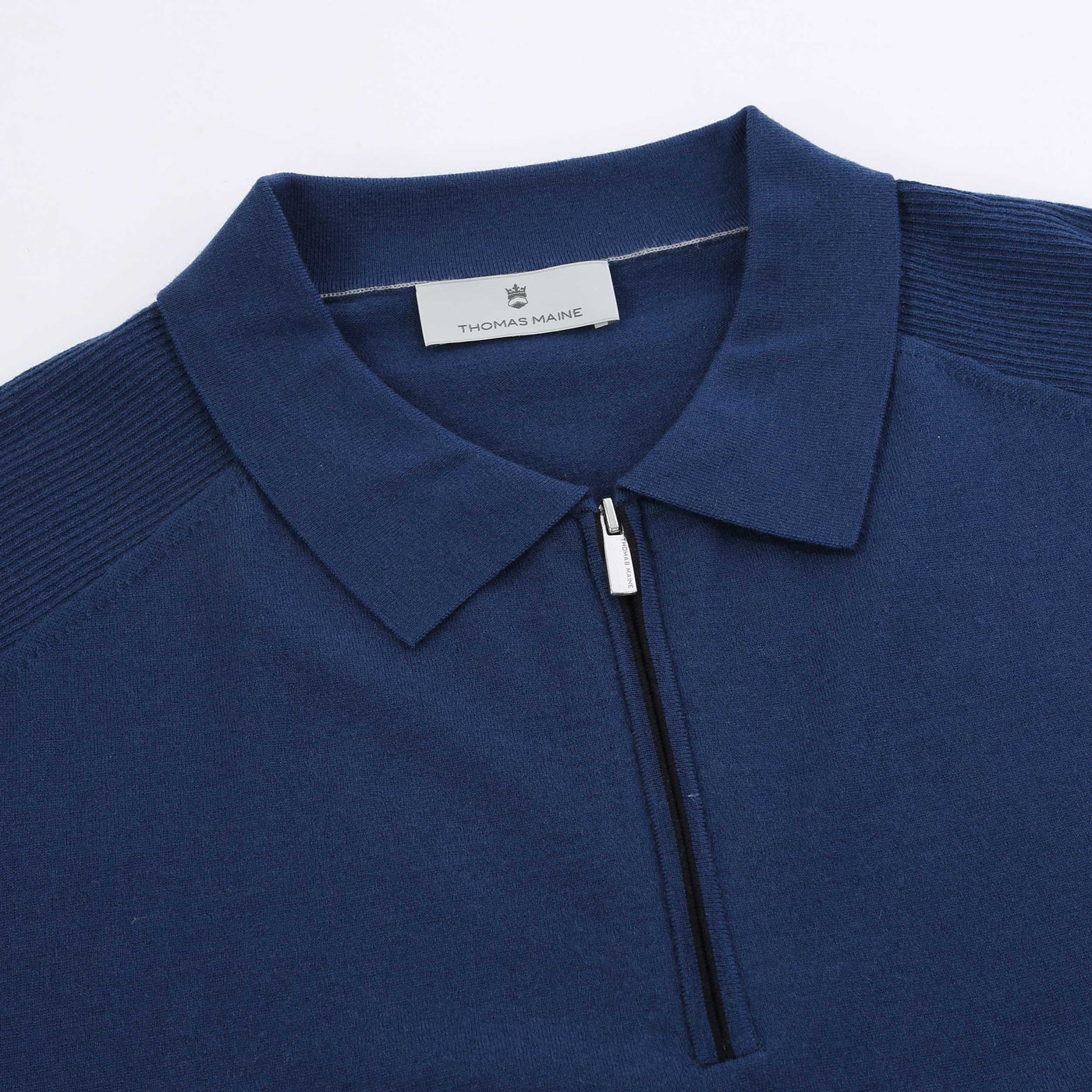 Thomas Maine Merino Zip Knit Polo in Royal Blue Placket