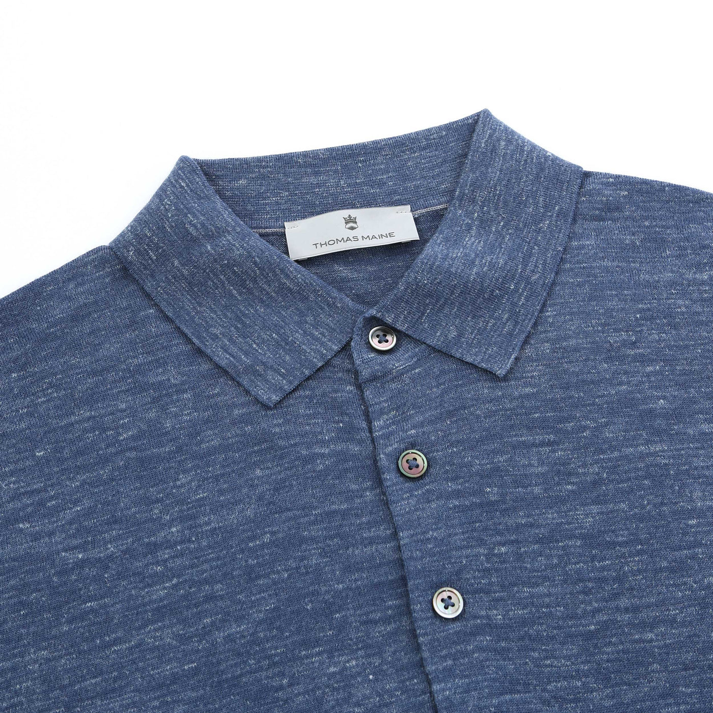 Thomas Maine Silk Linen Mix 3 Button Knit Polo in Blue Collar