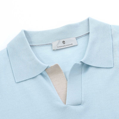 Thomas Maine Skipper Collar Knitted Polo in Sky Blue Placket