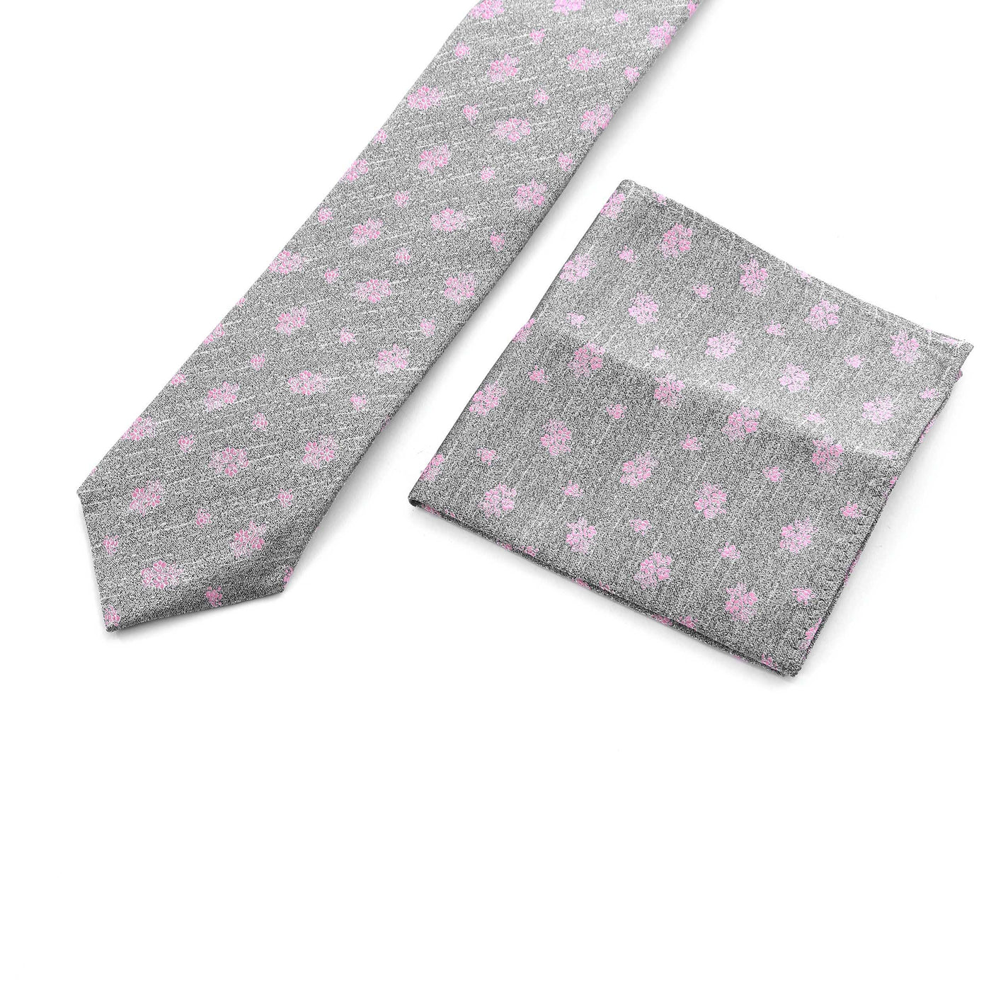 Remus Uomo Floral Print Tie & Hank Set in Grey & Pink Set